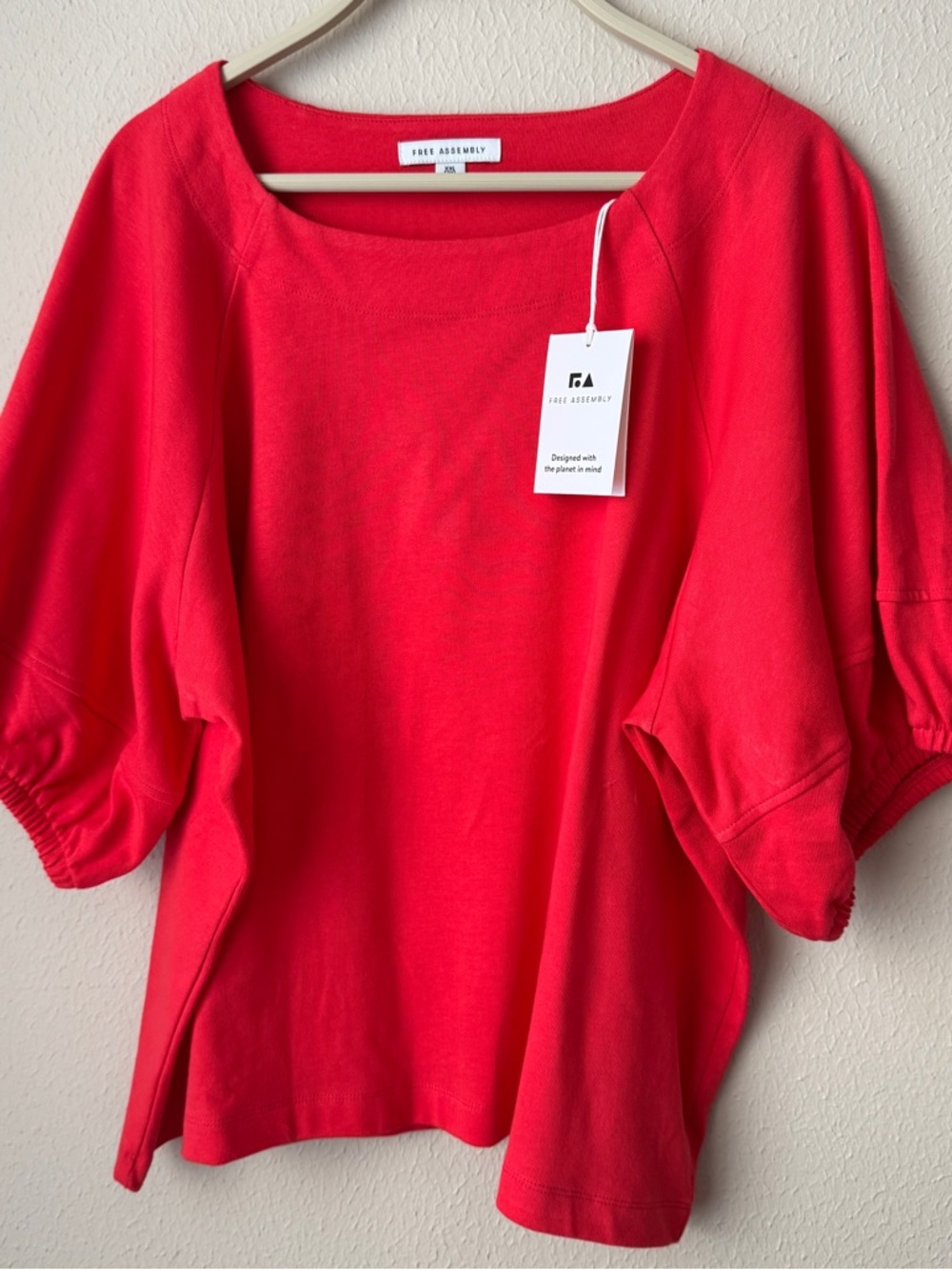 Free Assembly Women's Red Puff-Sleeve Scoop Neck Top Size XXL (20) 100% Cotton